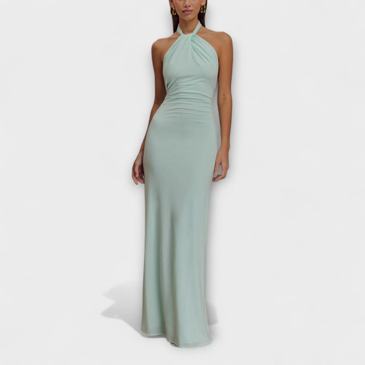 Long Dress with Neck Tie and Satin Texture