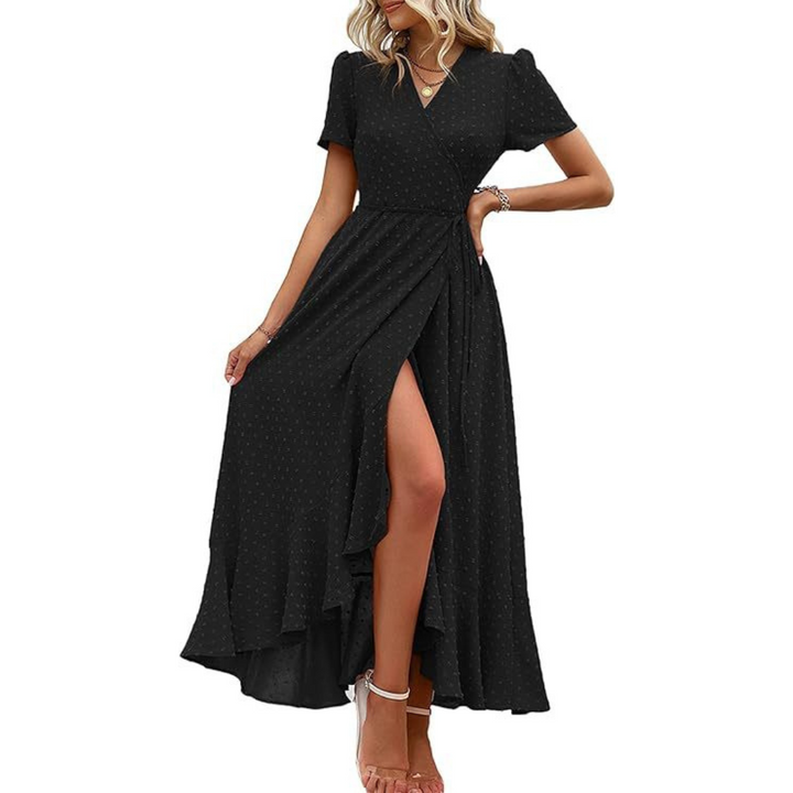 PILAR™ – Classy Flowy Wrap V-Neck Short Sleeve Maxi Dress