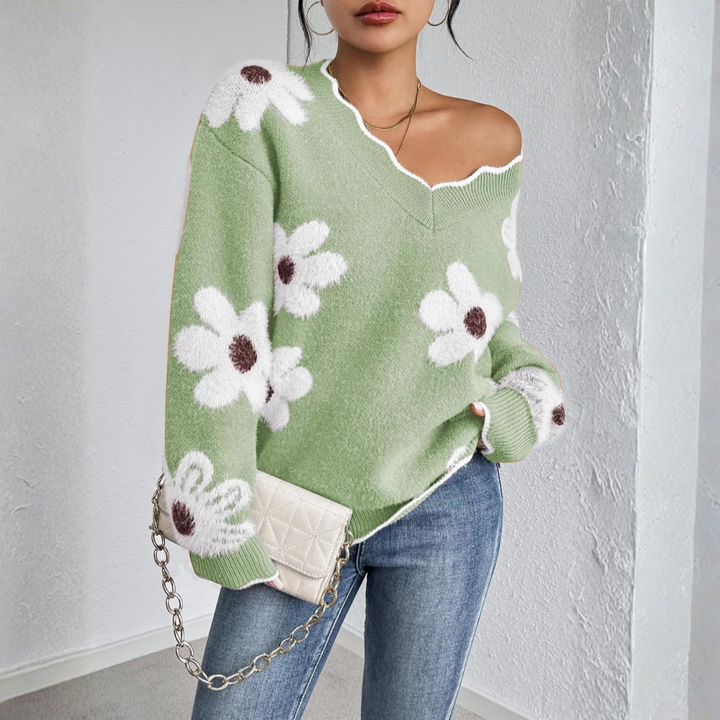 KYUPA™ - Casual Drop Shoulder Long Sleeve V-Neck Sweater